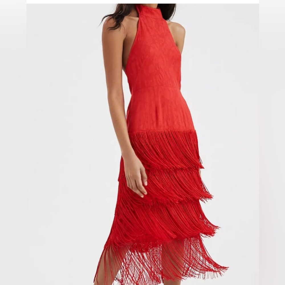 Anthropologie Solid Fringe Halter Maxi Dress